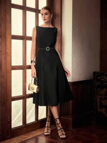 ZEYLAH Women Off Shoulder Asymmetric Pleated Split Midi Dress - Black - View 4