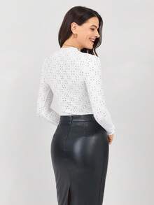 Miaspire 女式春夏修身立领短袖T恤，带孔眼刺绣荷叶边装饰，纹理透明面料 - 白色 - 查看 2