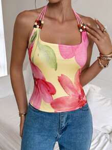 Siren Gaze Cute Tops Women - Fall 2025 New Arrival! Floral Print Beaded Ruched Neck Sleeveless T-Shirt - Perfect Airport For Women, Ideal For Vacation, Daily, Commuting & Outings! Autumn Must-Have, Y2K & Vintage Style, & Stylish Summer Casual - Multicolor - View 5