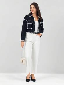 Miaspire 休闲通勤双色修剪短款大衣 - 黑與白 - 查看 8