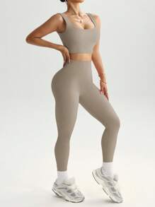 Slayform 2pcs Seamless High Stretch Yoga Set Tracksuit Gym Set Ribbed Tank Top Tummy Control Leggings Workout Women Set Gym Women Outfit - Khaki - View 7