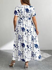 Firerie Casual Retro Blue & White Floral Print Loose Plus Size Dress, Suitable For Spring & Summer Flowy Dress Boho Suitable For Going Out Chic Dress - Blue and White - View 3