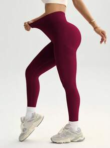 SHEIN Sports Yoga Leggings Seamless Wide Waistband Scrunch Butt Gym Leggings For Chinese New Year - Burgundy - View 5