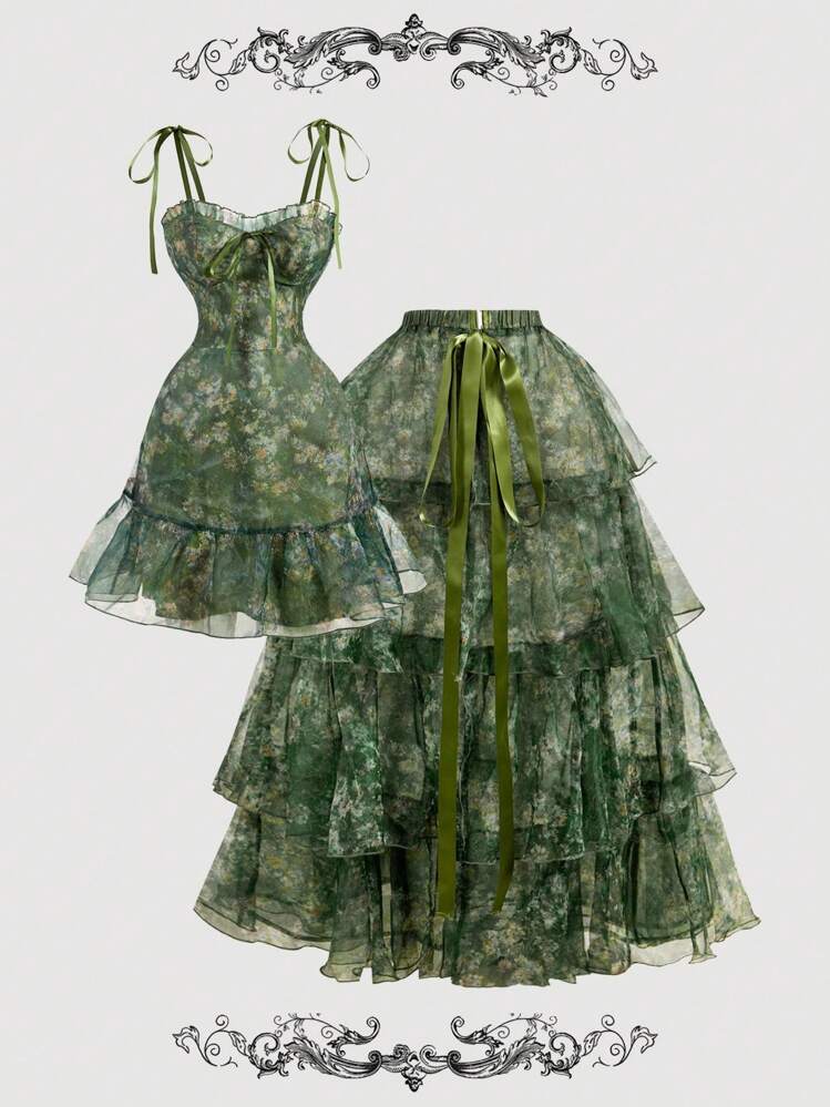 SHEIN MOD Vestido Vintage de Floral Estampado em Óleo com Múltiplas Saias Removíveis 2 em 1 - Estilo Palaciano, Vestido de Aniversário, Vestido de Cruzeiro, Vestido com Sobreposição - Multicolorido - Visão 6