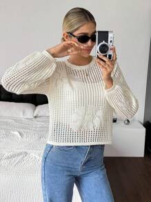 SHEIN Frenchy 女士宽松镂空圆领长袖休闲毛衣 - 杏色 - 查看 5