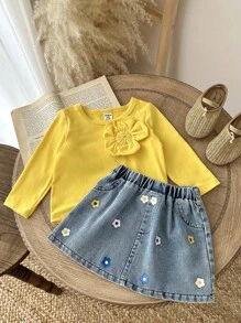 SHEIN Playful Pals 女婴春秋时尚街头风格可爱两件套：黄色长袖花朵装饰上衣和印花牛仔 A 字裙，适合日常穿着、拍照和旅行 - 彩色 - 查看 9
