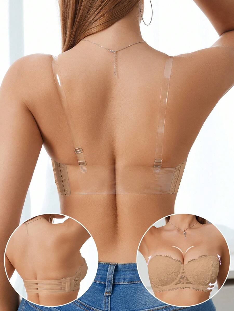 Women Lace Padded Wireless Bra, Push Up Invisible Backless Bra With Removable Straps For Small Bust, 1pc Lingerie Bra