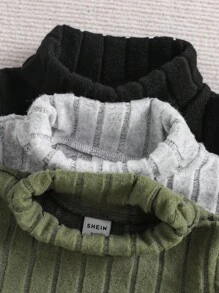 SHEIN Playful Pals 3 件套男婴高领罗纹保暖连体衣套装，颜色：棕色，适合秋冬季，脚部采用按扣设计 - 彩色 - 查看 4