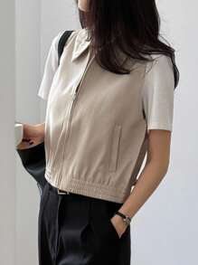 DAZY Women's Casual Plain Collared Sleeveless Zip-Up Top - Beige - View 5