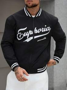 Manfinity Homme 男士字母条纹印花拉链休闲长袖夹克，男士校队夹克，黑色校队夹克，校队夹克飞行员夹克，秋季 - 黑色 - 查看 6
