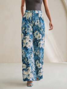 Anewsta 女士优雅花卉印花宽松裤，适合春夏季 - 藍色 - 查看 5