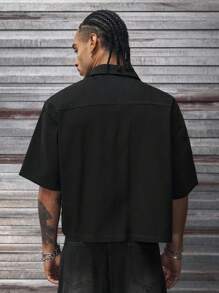 AXEPEAK Men's Fashion Street-Style Rhinestone Button Front Short Sleeve Denim Shirt, Summer - Black - View 3