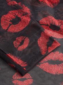 SHEIN MOOSTA Große Größen Damen Stehkragen Langarm Sexy Roter Lippen Muster Crop Top