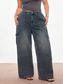 Rina Fox Plus Size Vintage American Streetwear Multi-Pockets Low-Waist Cargo Denim Jeans