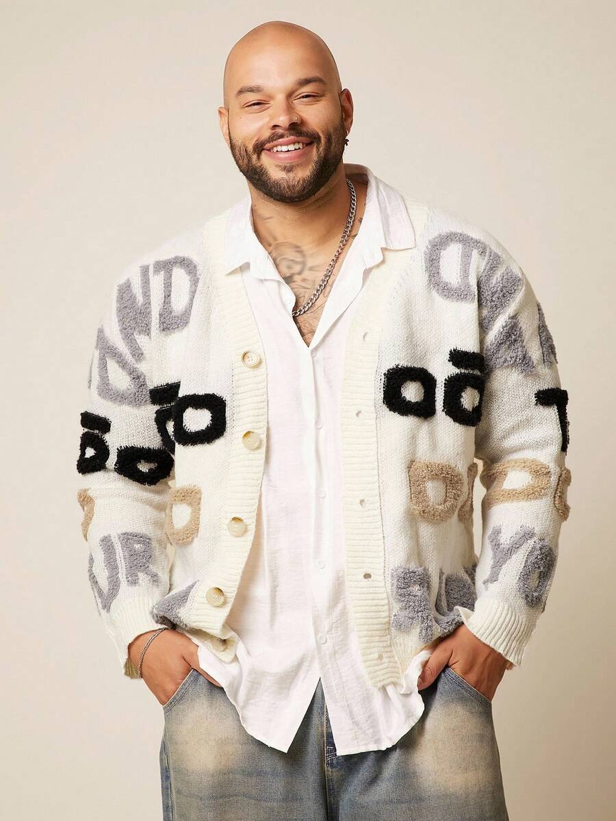 EASEVO Plus Size Men's Casual Letter Knitted Cardigan, Suitable For Autumn/Winter