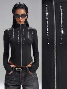 LYSMO Women's Solid Color Faux Pearl Decoration Long Sleeve Zipper Front Slim Fit Lightweight Jacket