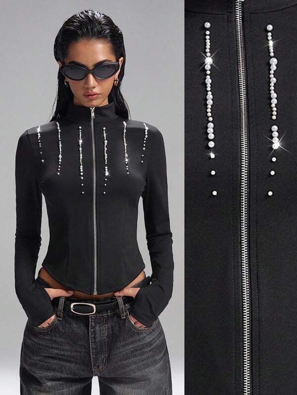 LYSMO Women's Solid Color Faux Pearl Decoration Long Sleeve Zipper Front Slim Fit Lightweight Jacket
