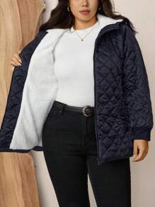 Zelara Abrigo acolchado de polar con estampado de diamante azul marino para mujer de talla grande, chaqueta y parka de invierno gruesa, chaqueta con capucha y cremallera completa acolchada y resistente al agua, chaqueta de invierno de manga larga resistente al viento y al agua, con bolsillos, ropa de moda para mujer de talla grande, abrigo de borreguillo de polar largo y cálido para el invierno