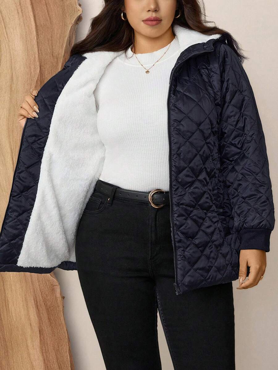 Zelara Abrigo acolchado de polar con estampado de diamante azul marino para mujer de talla grande, chaqueta y parka de invierno gruesa, chaqueta con capucha y cremallera completa acolchada y resistente al agua, chaqueta de invierno de manga larga resistente al viento y al agua, con bolsillos, ropa de moda para mujer de talla grande, abrigo de borreguillo de polar largo y cálido para el invierno
