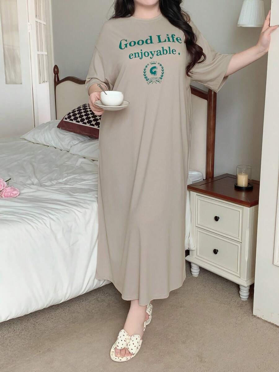 Dazy Plus Plus Size Round Neck Letter Print Loose Straight Nightgown Style Long Tee, For Home Use In Summer Pajama - Apricot - View 1