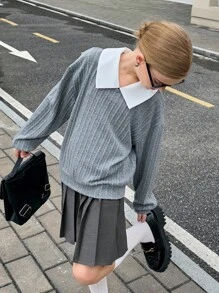 SHEIN 2 件套青少年女孩休闲二合一运动衫上衣 + 灰色百褶裙套装，适合秋季通勤/日常穿着秋冬 - 灰色 - 查看 7