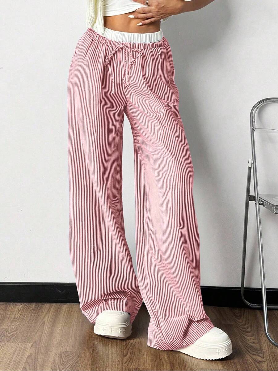 SHEIN Teen Girls' Blue & White Contrast Waistband Casual Versatile Woven Striped Wide Leg Pants - Red and White - View 1