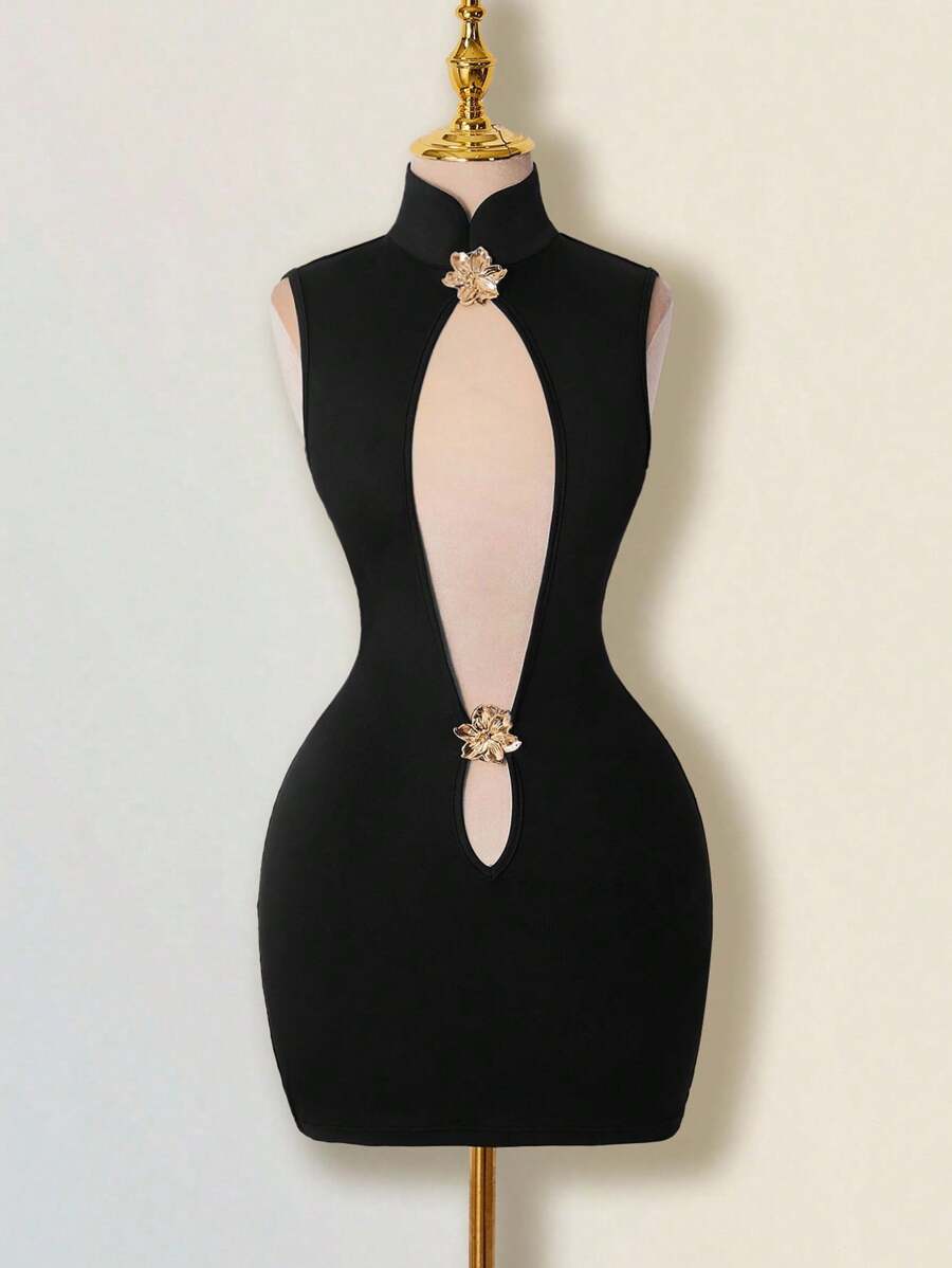 SHEIN ICON 女式性感修身旗袍领镂空金属花卉装饰迷你连衣裙