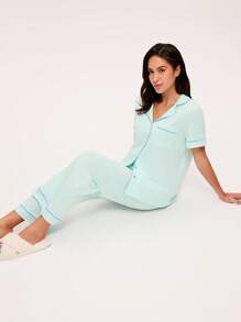 LUVLETTE Bộ đồ ngủ mùa hè mềm mại, 100% cotton nguyên chất, phối màu tương phản, tay ngắn, cài cúc đơn giản và quần dài, có túi, thoải mái ở nhà. - Màu xanh Bạc hà - Xem 6
