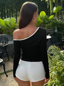 DAZY 女士斜肩拼色紧身T恤长袖女式上衣