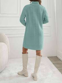 EURMUSE Knitwear Dress With Folded Neck And Cable Pattern,Winter Dresses For Women,Petite - Mint Green - View 6