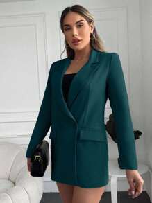 EURMUSE Women's Solid Color Lapel NeckLong Sleeve Double-Breasted Casual Blazer - Dark Green - View 5