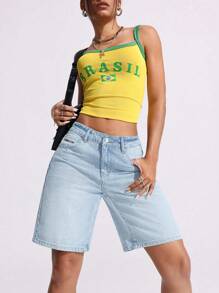 SHEIN ICON 女士纯色口袋设计休闲夏季牛仔短裤 - 淺色水洗藍 - 查看 6