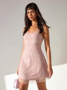 CLARA VERO 女士粉色网眼水钻精致优雅短裙 - 粉色 - 查看 4