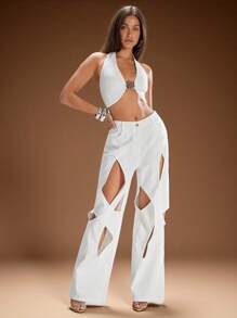 Denimoi Denim Cropped Halter Top With Metal Hardware Detail, Denim Top, Denim On Denim, Denim Crop Top, Denim Tank Top, Fashionable, Cute Summer Tops, Cute Summer Outfits, White Denim, Vacation Tops, Vacation Outfits, Concert Outfits, Streetwear, Y2k Fashion, Y2k Outfits, Y2k Tops, Y2k Styles - White - View 6