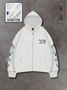 ROMWE MEN Street Life Áo nỉ trùm đầu đính đá in chữ và hoa cho nam - trắng - Xem 7