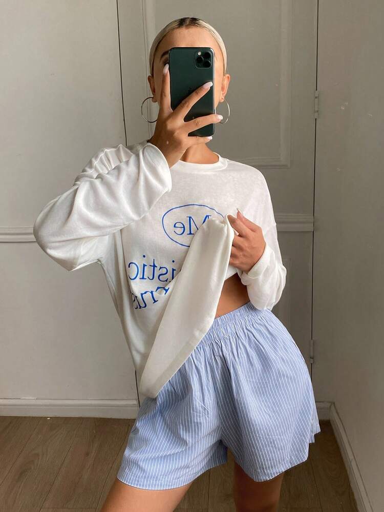 2pcs Women Casual Set, English Letter Print Loose Long Sleeve Top And Striped Shorts Lounge Set, Fall Winter Clothes