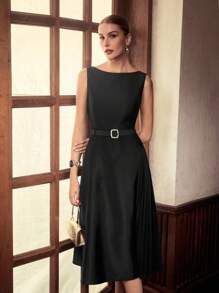 ZEYLAH Women Off Shoulder Asymmetric Pleated Split Midi Dress - Black - View 5