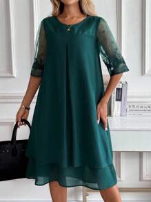 Miaspire 女士优雅通勤刺绣网眼拼布中长连衣裙