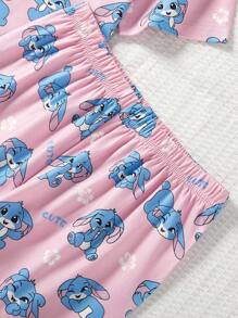 Tween Girl' Stylish Print V-Neck Fireproof Fabric Sweet Pink & Blue Graphic Short Sleeve Top & Pants Home Outfit Cute Pj Sets Young Girl Summer Outfits