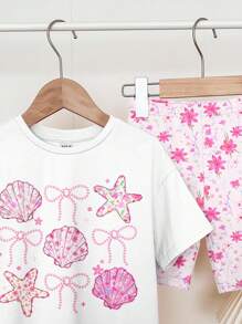 SHEIN 2 件套青少年女孩休闲贝壳、蝴蝶结、花卉印花短袖 T 恤和短裤套装，适合夏季度假氛围 - 彩色 - 查看 6