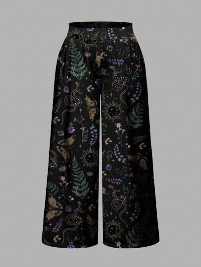 Goth Gothic Dark Mysterious Witch Moth Leaf Plant Butterfly Snake Sun Moon Star Plus Size Loose Wide Leg Allover Print Pants