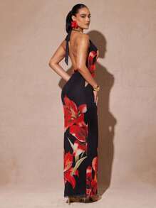 Silquee Summer Knit Dresses Warm Red Floral Print Dress Pink Anthurium Print Dress Tiger Lily Print Dress Printed Mesh Halter Dress, Floral Maxi Dress, Women's Summer Clothing, Women's Beachwear, Women's Beachwear, Spring Break Dresses, Summer Maxi Dresses, Holiday Maxi Dresses, Women's Summer Dresses - Multicolor - View 2