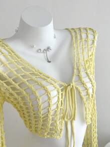 SHEIN Unity Áo len cardigan dài tay khoét lỗ màu trơn cho nữ, đa năng - Màu vàng - Xem 5