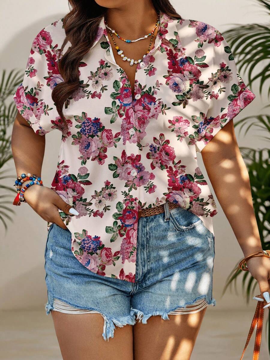 EMERY ROSE 大码女式花卉印花休闲沙滩风梭织领衬衫，夏季 - 彩色 - 查看 1