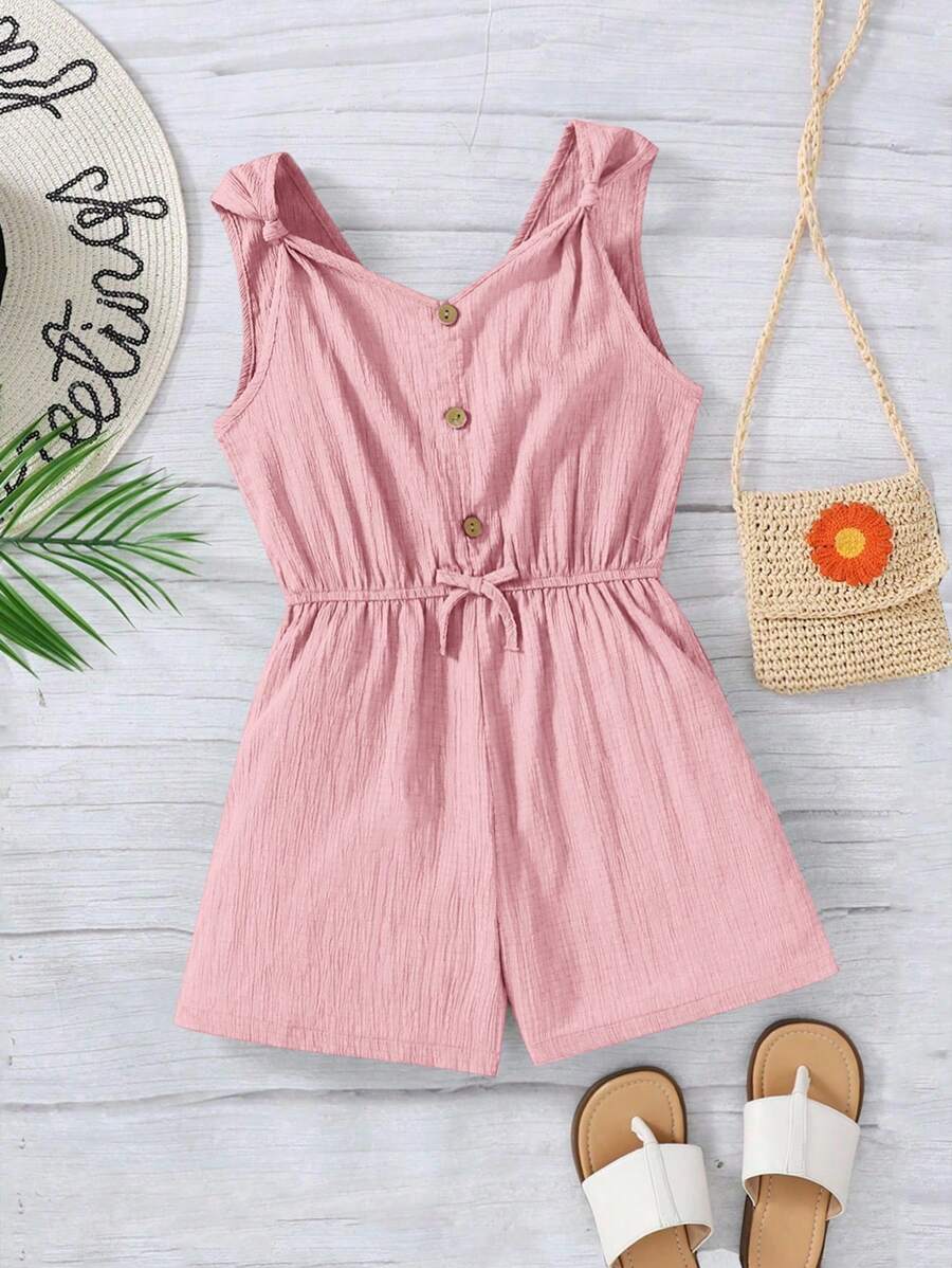 SHEIN Tween Girls Twist Vest-Style Casual Jumpsuit With Front Buttons Decorated In Woven Texture Material, Suitable For Spring Outings, Pastoral Style, Garden Afternoon Tea, Casual Outings - Baby Pink - View 1