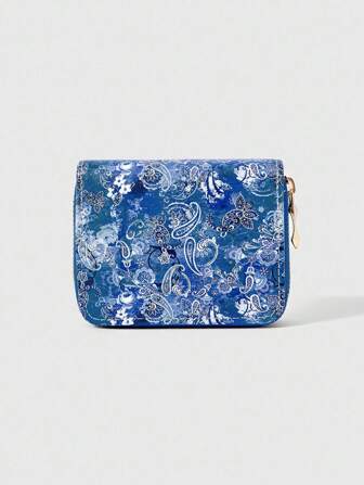 Fairycore 1 Stück blaue Geldbörse mit Cashewnuss Blumenmuster, Damen Reißverschluss Münzbörse, minimalistisches Design