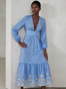 Aveloria Modichic Robe élégante de style rétro pour femmes avec col en V profond, manches longues et couleurs contrastées, avec broderie - Multicolore - Voir 5