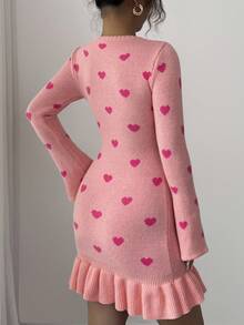 Elenzga 女士独特心形荷叶边下摆无袖毛衣裙 - 粉色 - 查看 2