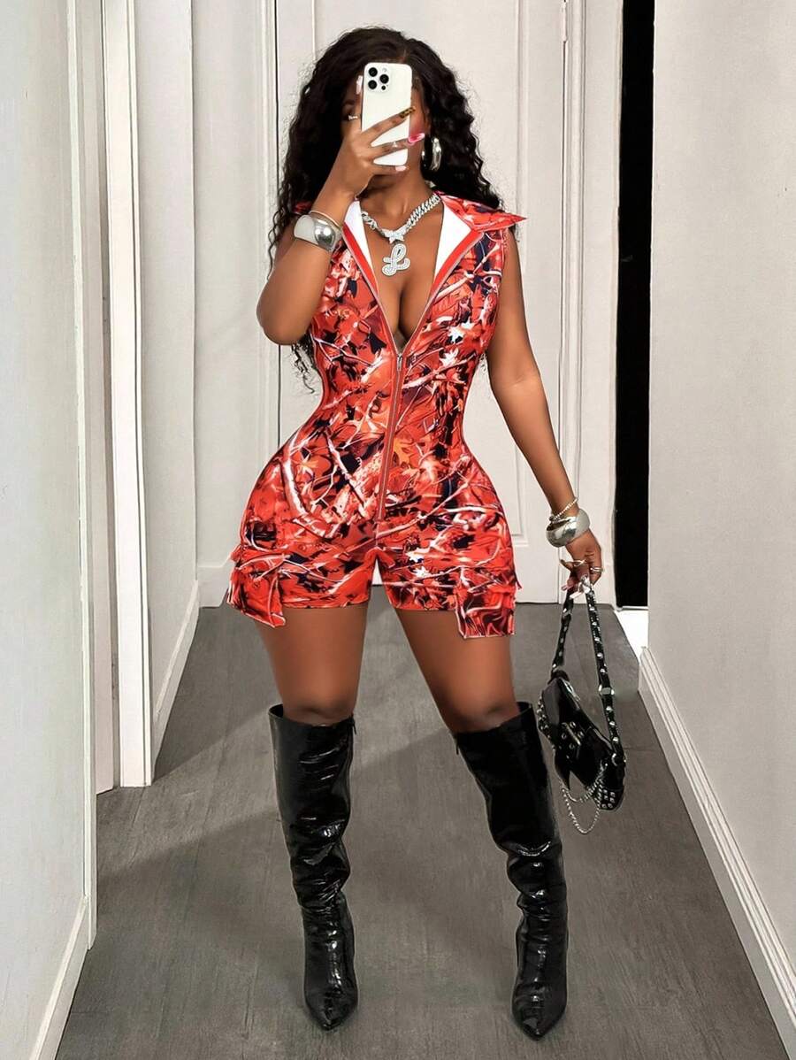 BamGleam 休闲嘻哈风前拉链紧身衣，春夏 - 紅色 - 查看 1