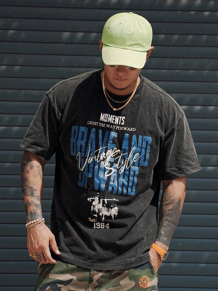 Men's Summer Black Letter Printed Distressed Street-Style T-Shirt